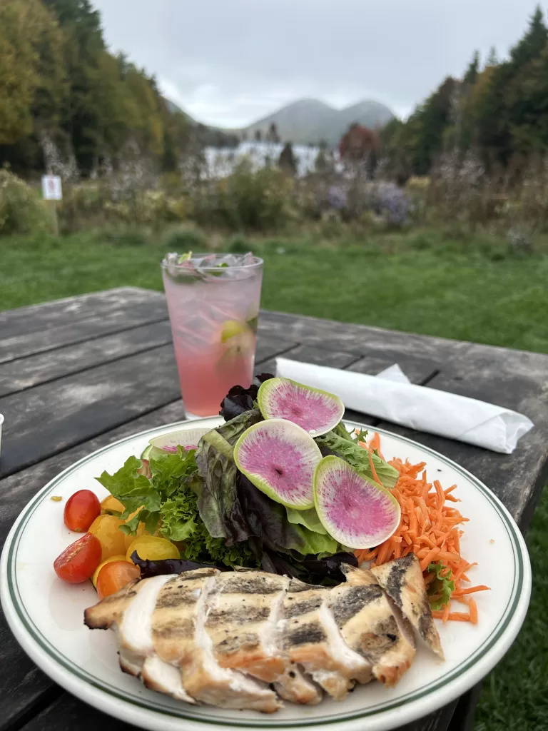 A plate of salad on a picnic table with Jordan Pond and the Bubbles mountains in the background