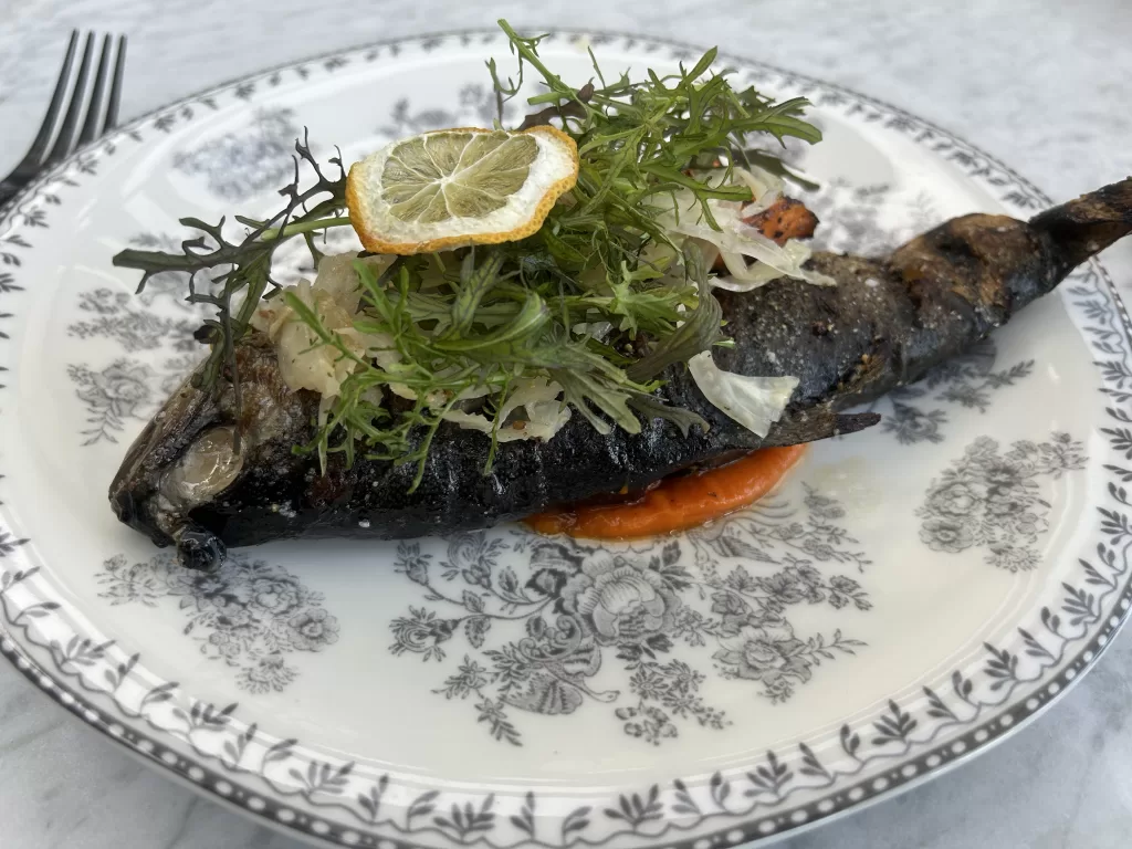 Roasted fish with garnish on a plate