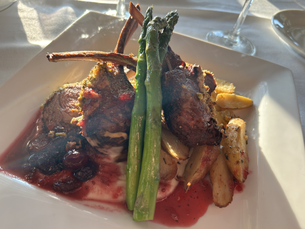 Image of lamb chops, potatoes and asparagus on a plate from Hurricane restaurant